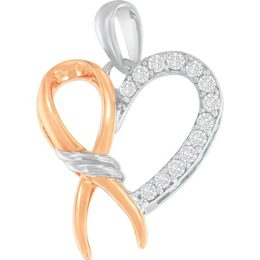 Two-Toned Silver 1/5 Cttw Round Cut Diamond Ribbon Heart Accent Pendant Necklace by Haus of Brilliance