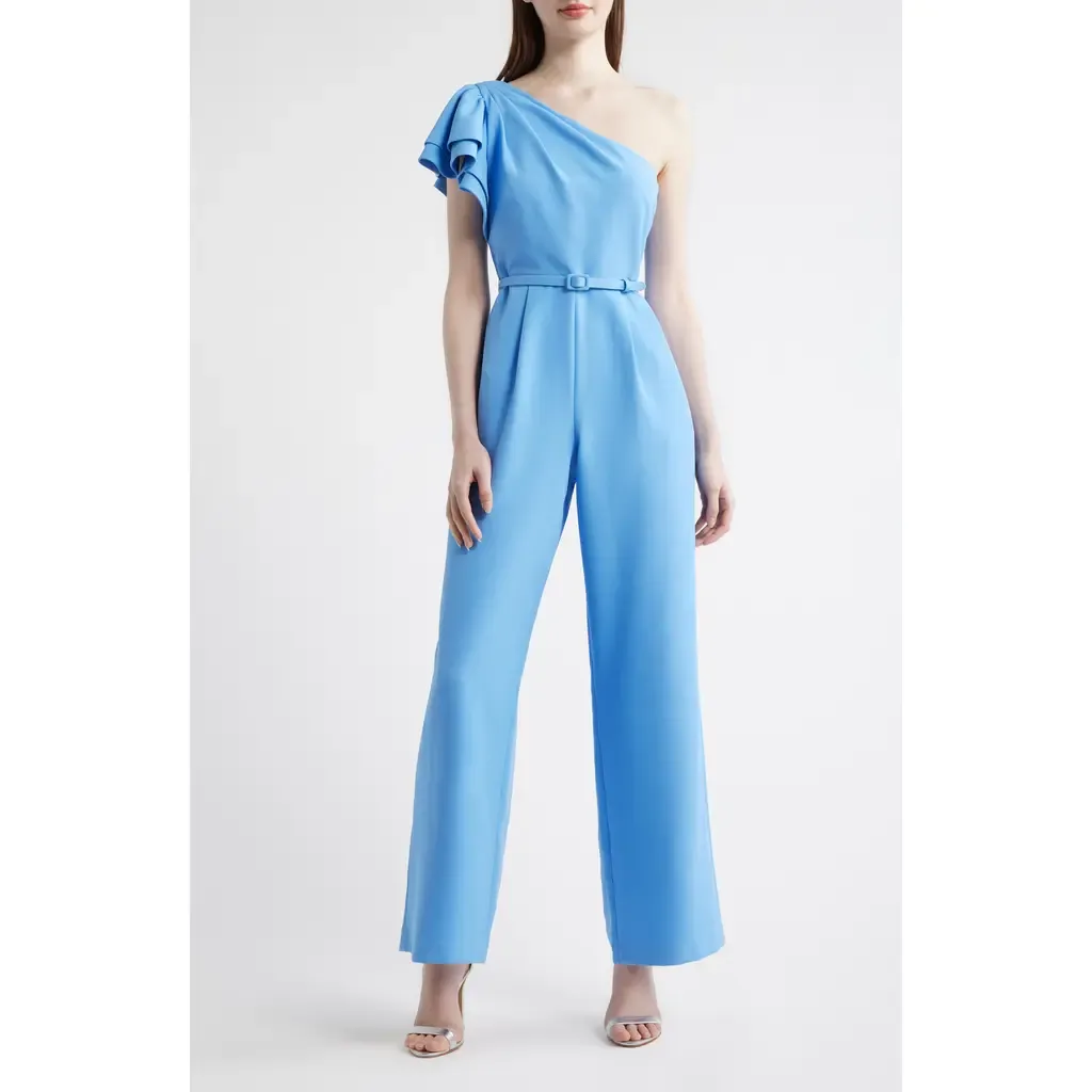 Flutter Sleeve One-Shoulder Wide Leg Scuba Knit Jumpsuit by Anne Klein