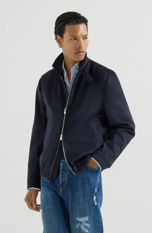 Virgin Wool Beaver Cloth Bomber Jacket with Zipper by Brunello Cucinelli