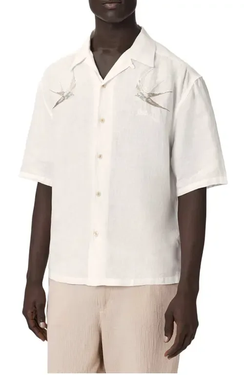 Avia Bird Embroidered Linen Camp Shirt by AllSaints