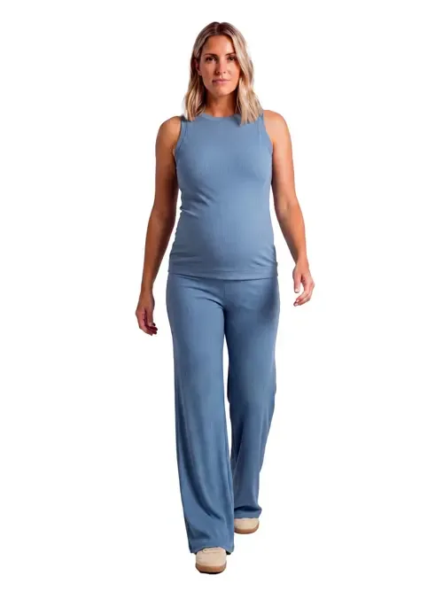 Maternity Basic Ribbed Knit Tank Top and Elastic Waist Wide Leg Pant Set by 24seven Comfort Apparel