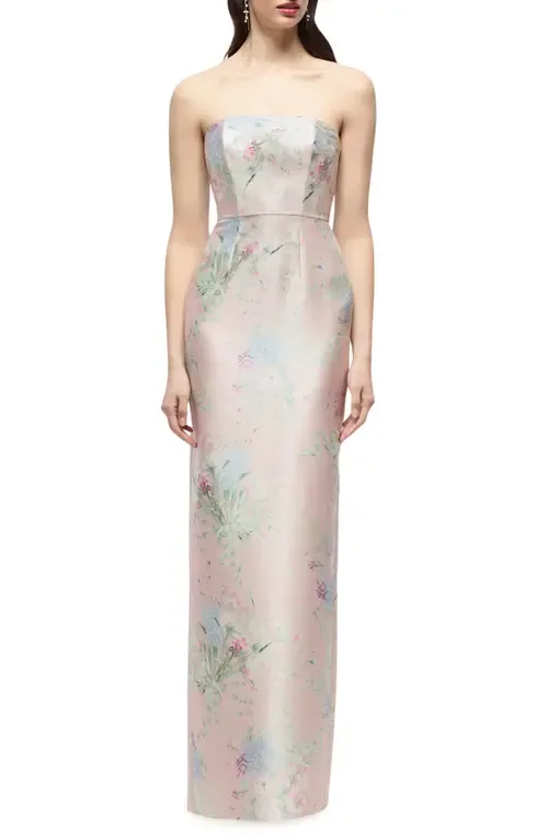Jacqueline Floral Strapless Satin Twill Column Gown by Alfred Sung