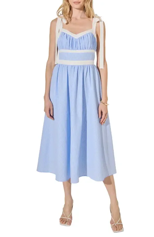 Stripe Tie Shoulder Seersucker Midi Dress by English Factory