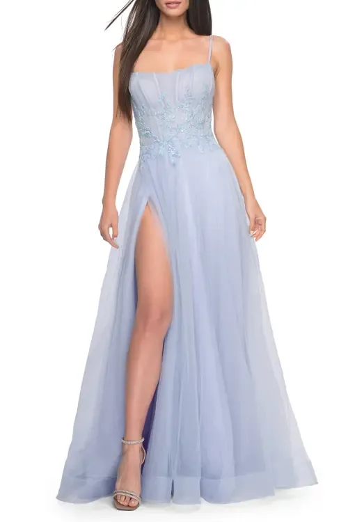 Tulle A-Line Dress with Beaded Lace Waist and Square Neckline by La Femme