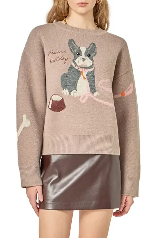 Embroidered French Bulldog Intarsia Sweater by English Factory