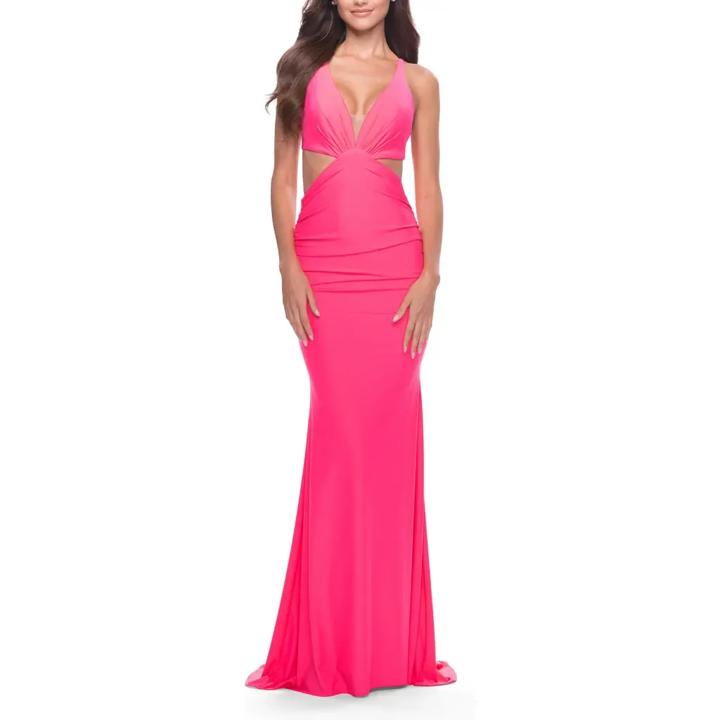 Prom Dress with Cut Out Sides and Low Open Back in Neon by La Femme