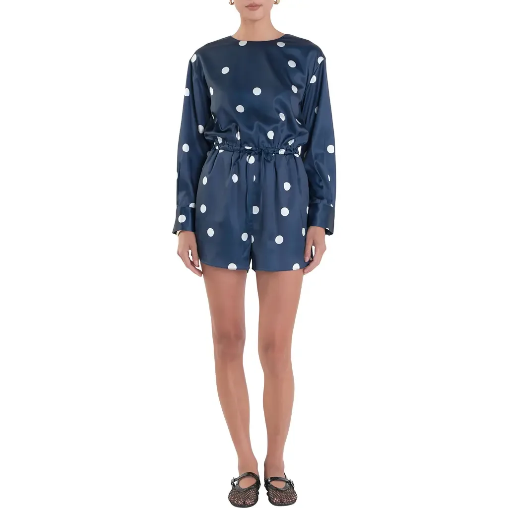 Polka Dot Long Sleeve Satin Romper by English Factory
