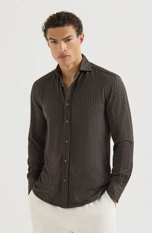 Virgin Wool, Silk and Cotton Chalk Stripe Piqué Shirt with Spread Collar by Brunello Cucinelli