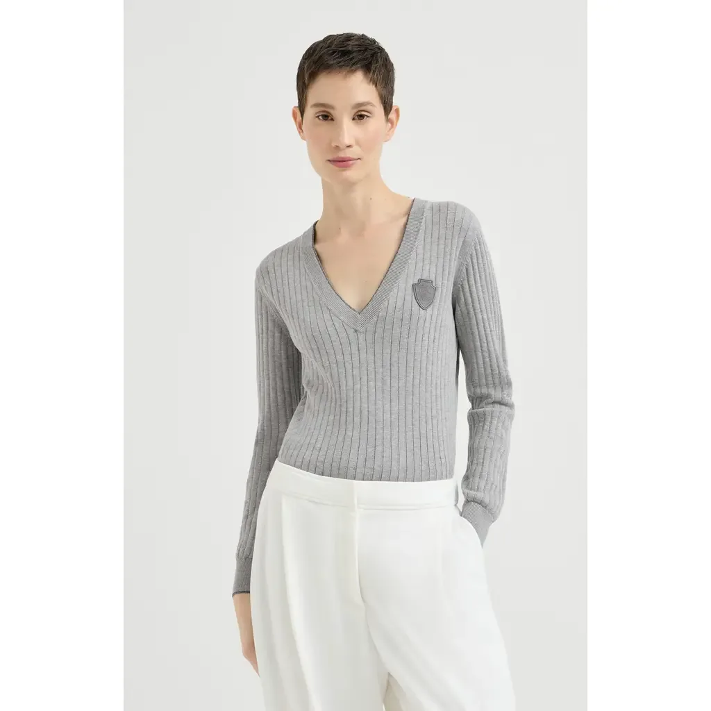 Cotton Ribbed Sweater with Logo by Brunello Cucinelli