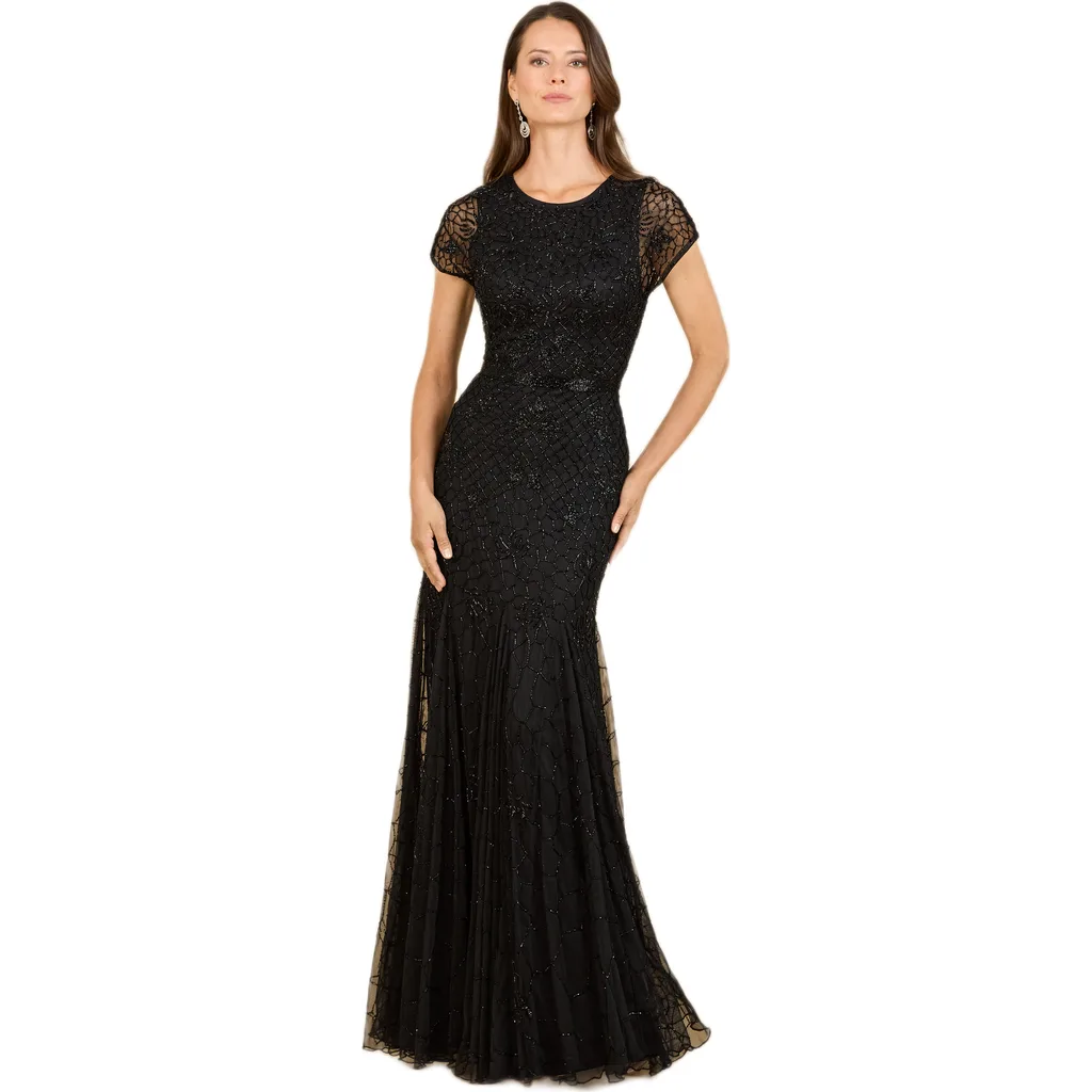 Beaded Mermaid Cap Sleeve Gown by LARA New York