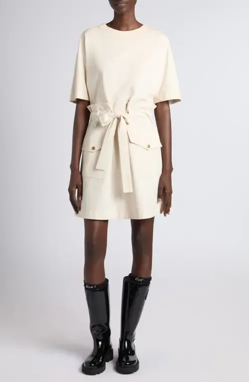 Hybrid Knit & Woven Drawstring Minidress by Moncler