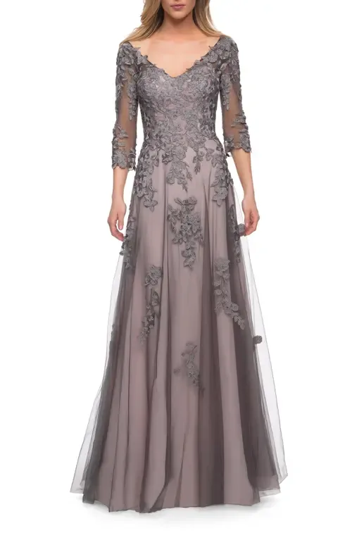 A Line Gown with Sheer Three-Quarter Sleeves by La Femme
