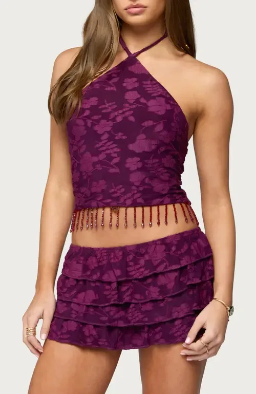 Keyla Floral Jacquard Beaded Fringe Halter Top by EDIKTED