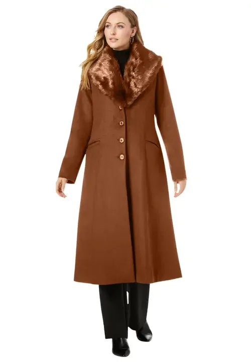 Long Wool Blend Coat with Faux Fur Collar by Jessica London