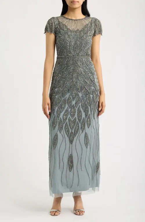 Beaded Cap Sleeve Column Gown by Pisarro Nights