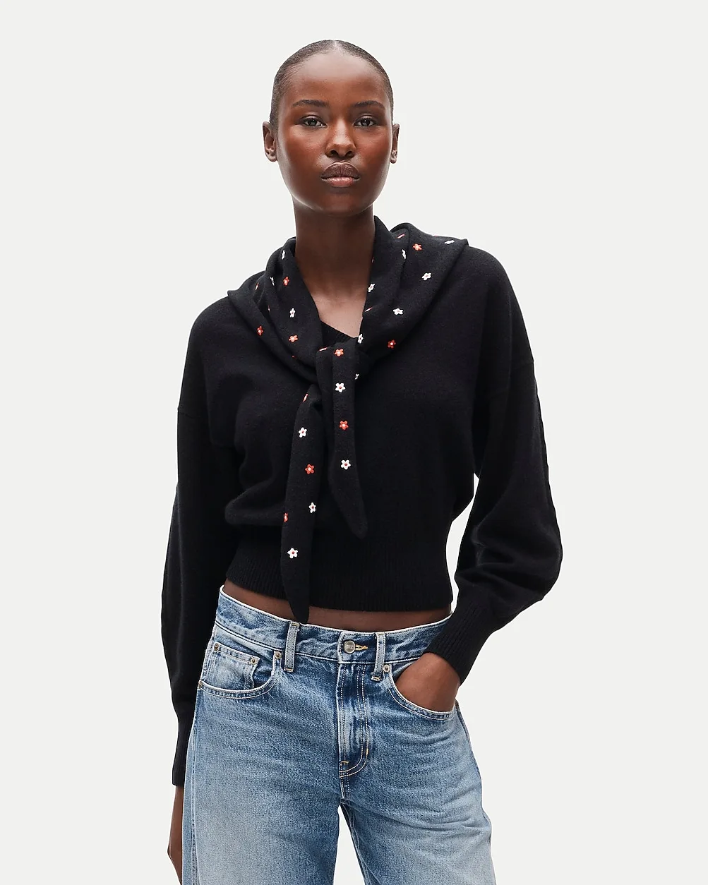 Cashmere V-Neck Sweater with Removable Embroidered Scarf by J.Crew