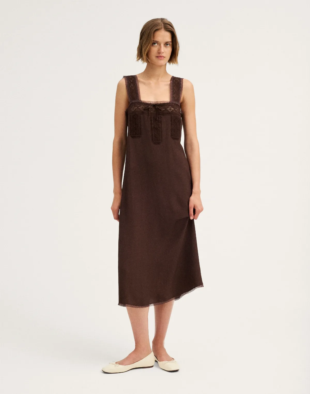 Lace-Insert Tie-Front Midi Dress by MW