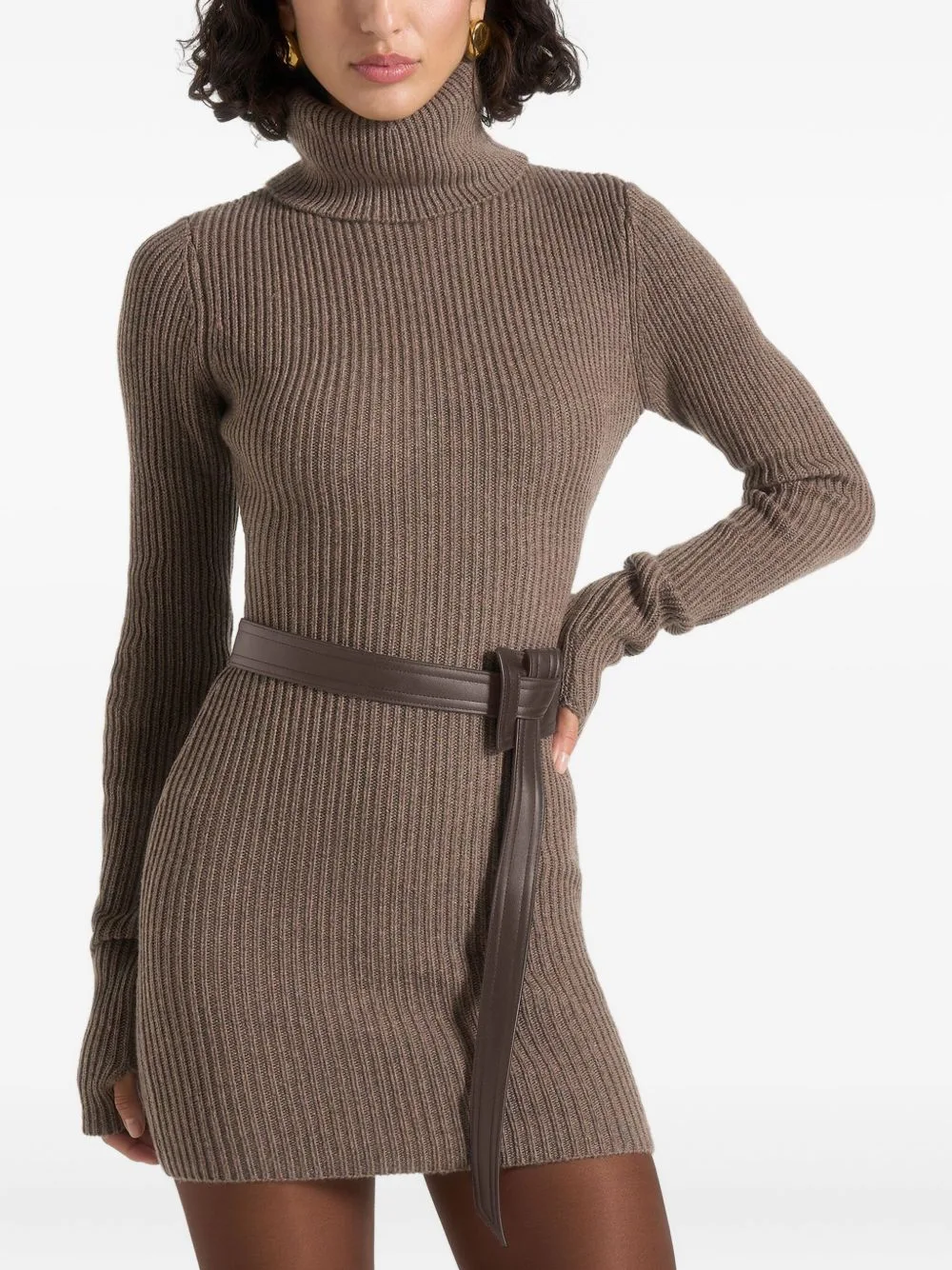 Kalia Turtleneck Belted Knitted Mini Dress by Manière De Voir
