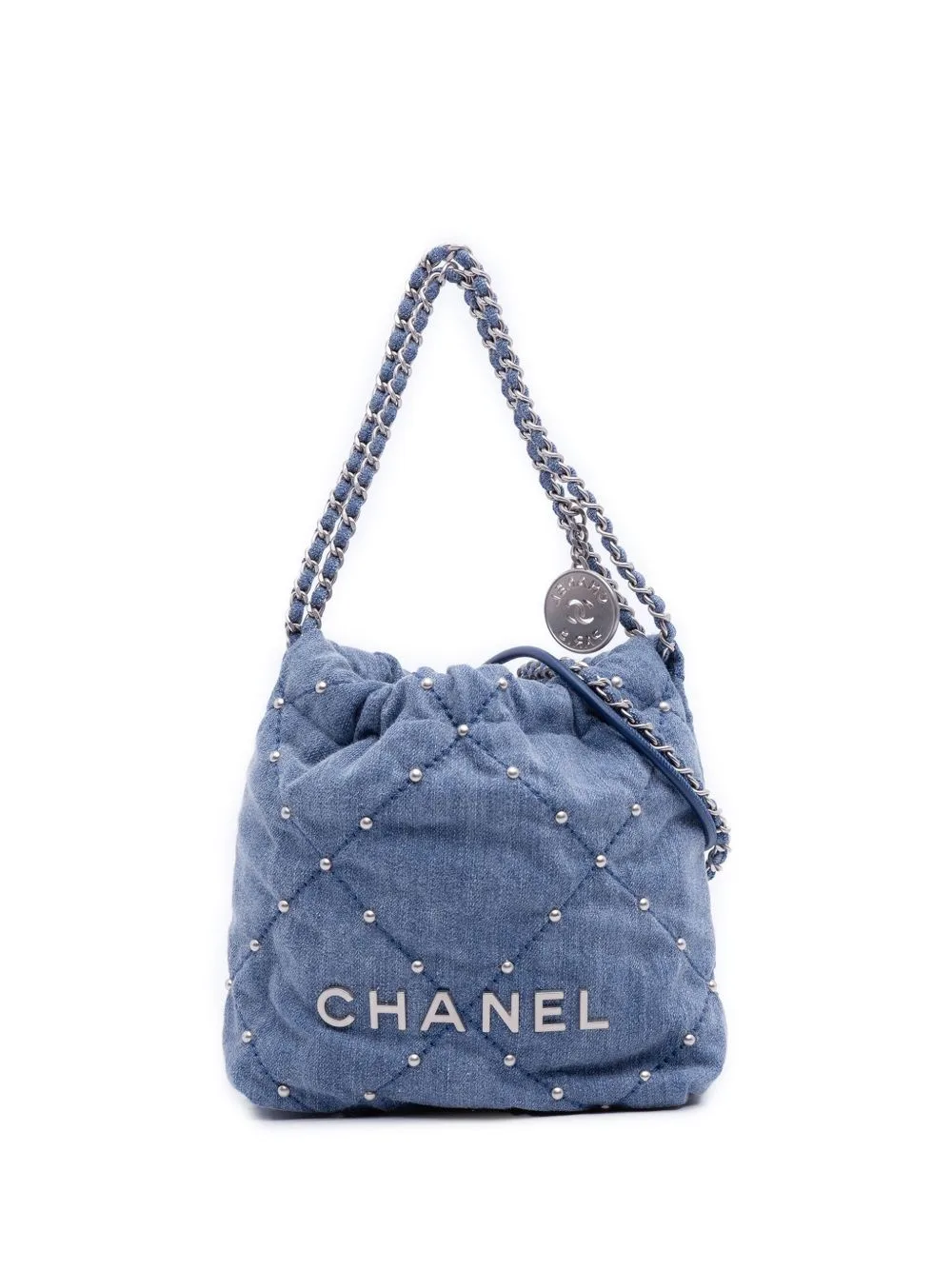 2021-2026 Mini Denim Studded 22 Handbag Satchel by CHANEL Pre-Owned