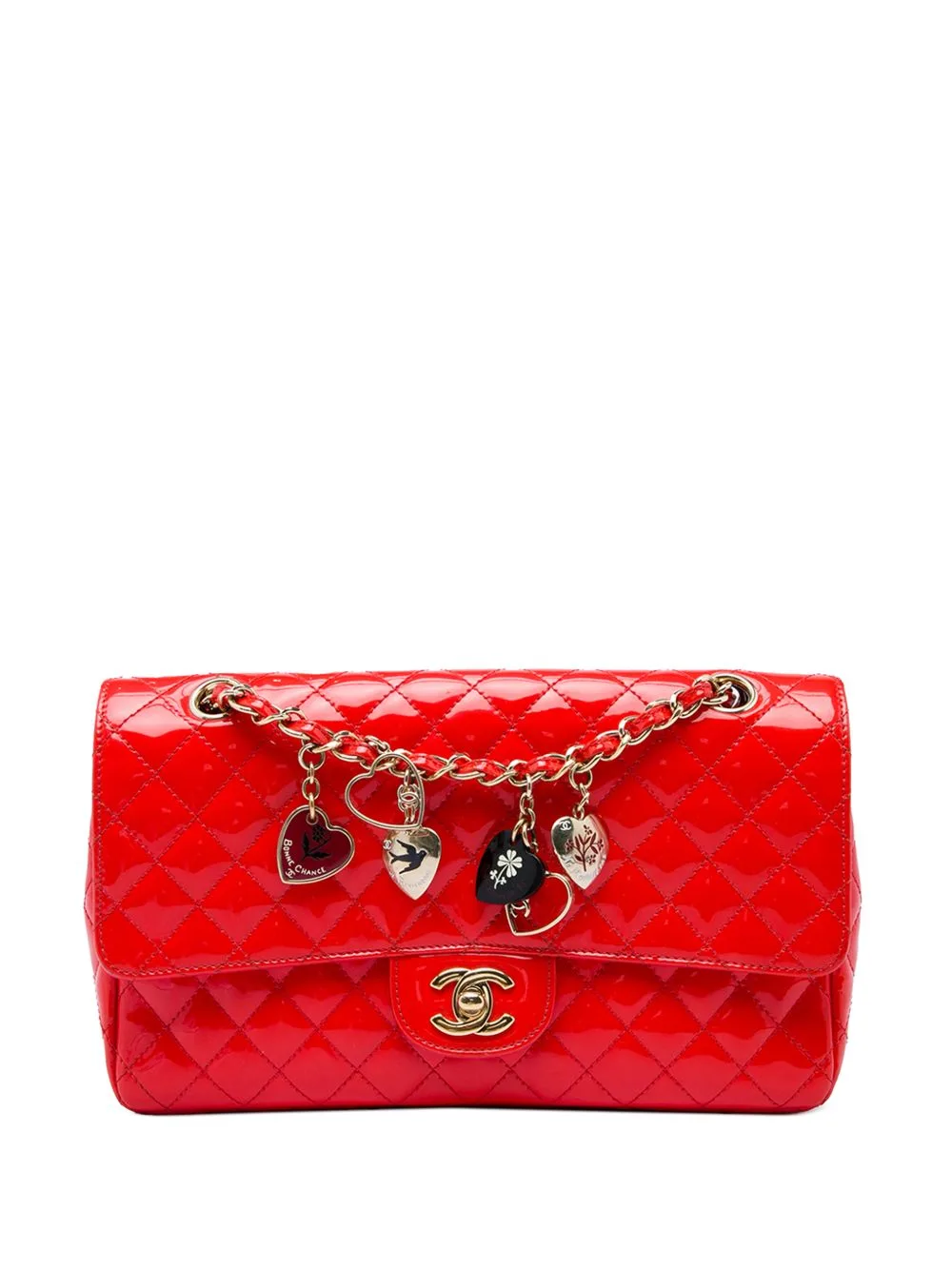 2009-2010 Medium Classic Patent Valentines Heart Charms Single Flap Shoulder Bag by CHANEL Pre-Owned