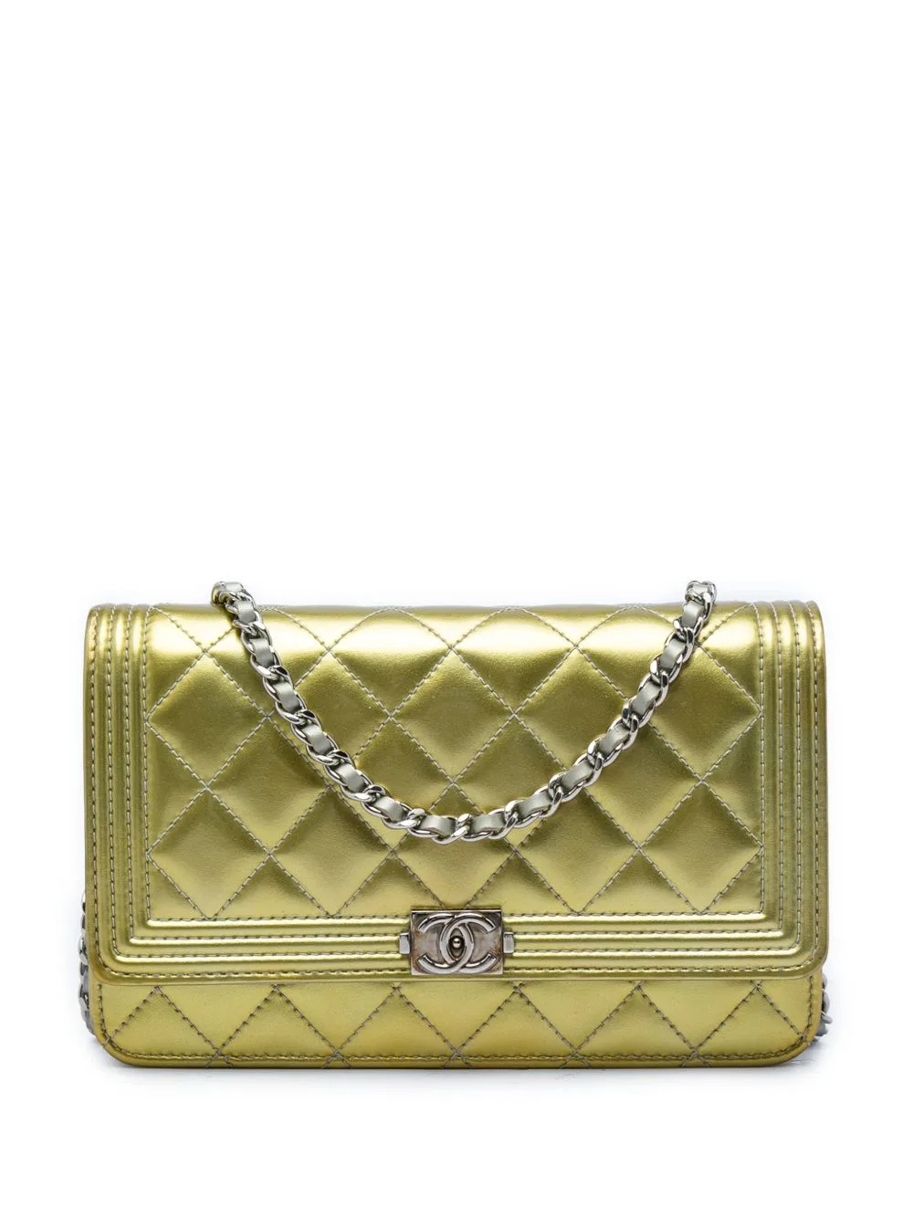 2015-2016 Bicolor Quilted Metallic Patent Boy Wallet on Chain Crossbody Bag by CHANEL Pre-Owned