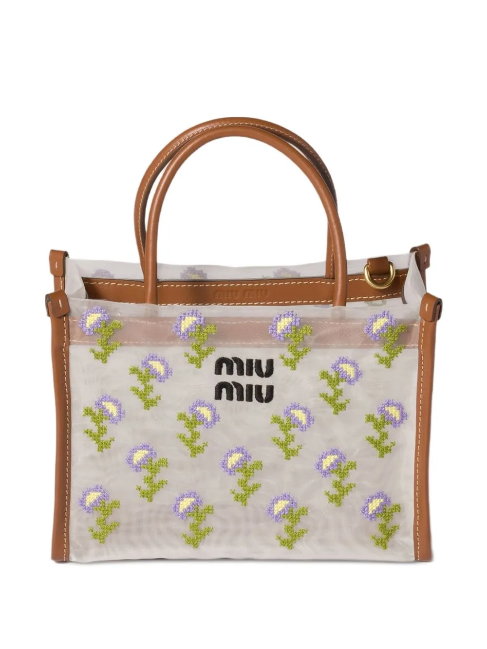 Embroidered Mesh Top-Handle Bag by Miu Miu