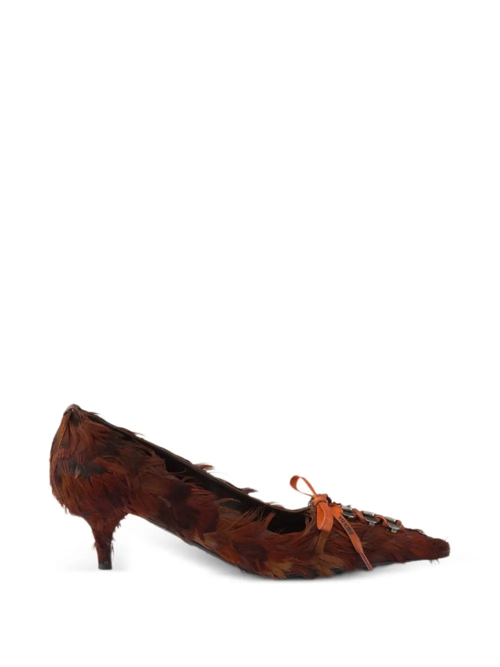 Feather-Embellished Satin Pumps by Prada