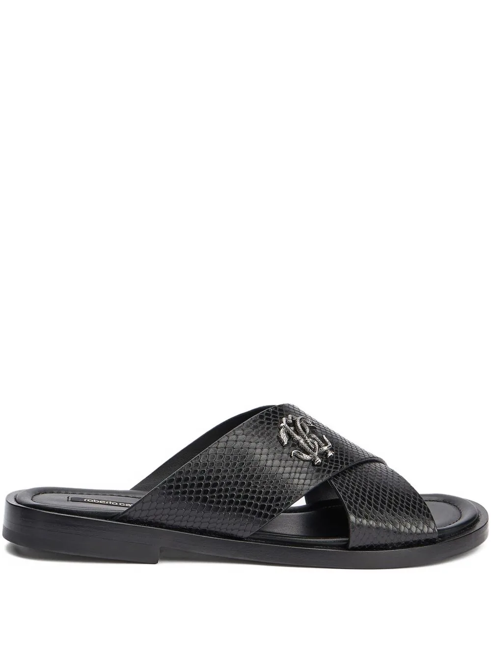 Snake-Effect Logo-Plaque Sandals by Roberto Cavalli
