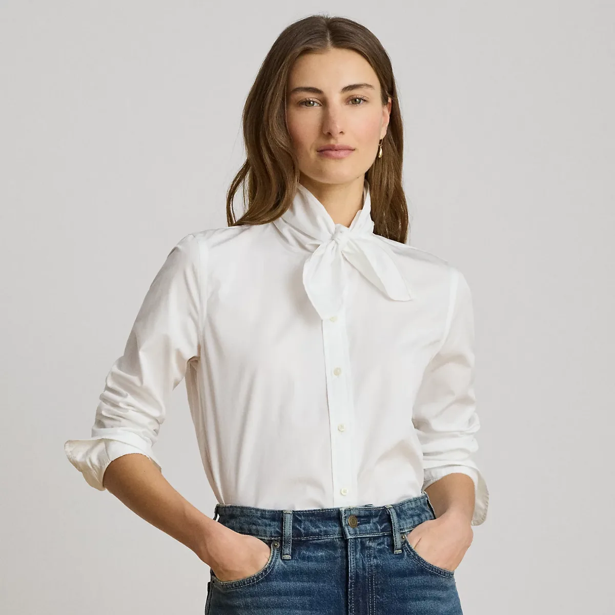 Tie-Neck Cotton Broadcloth Shirt by Lauren Ralph Lauren