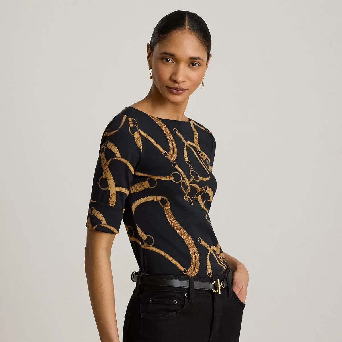 Belting-Print Cotton Boatneck T-Shirt by Ralph Lauren Petite