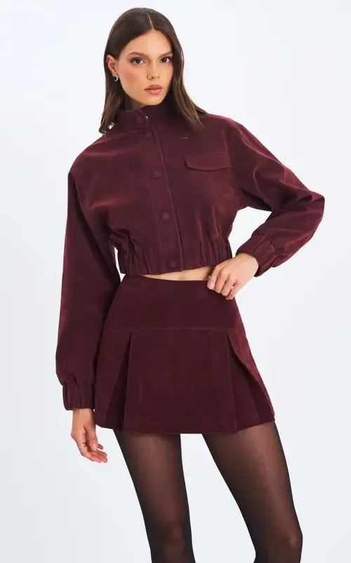 Farryn Vegan Suede Cropped Bomber Jacket by Miss Circle