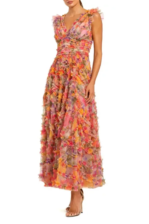 Floral V-Neck Tiered Ruffle Chiffon Maxi Dress by Mac Duggal