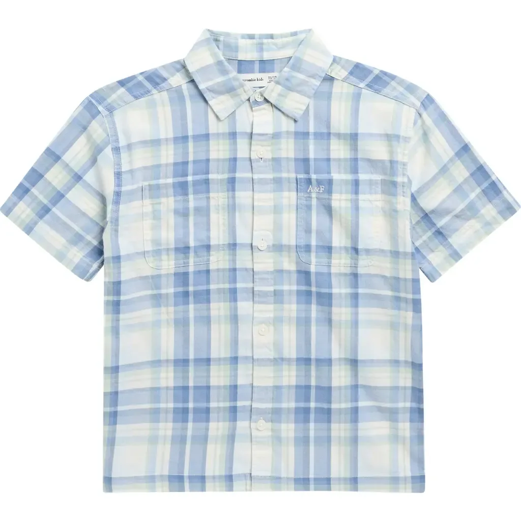 Boxy Fit Plaid Short Sleeve Cotton Button-Up Shirt by abercrombie kids