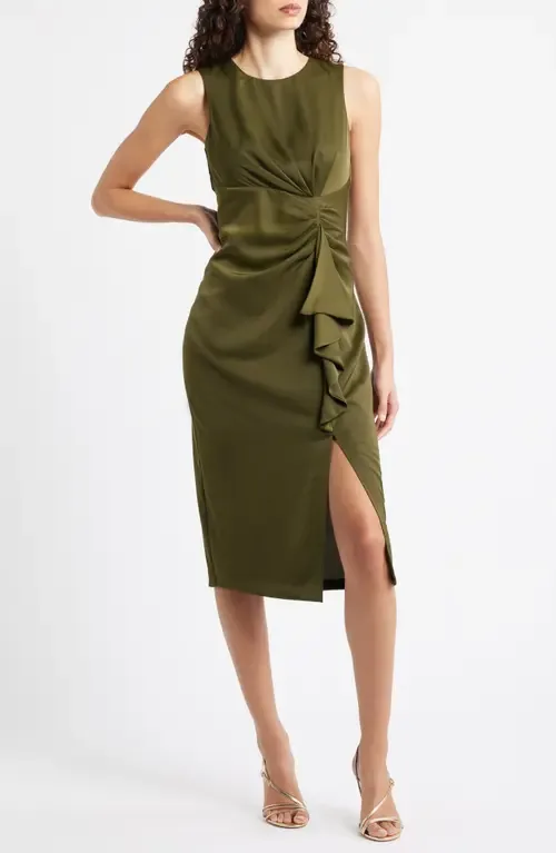 Ruffle Detail Sleeveless Satin Sheath Midi Dress by Vince Camuto