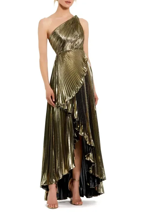 Metallic Pleated One Shoulder Gown by Mac Duggal