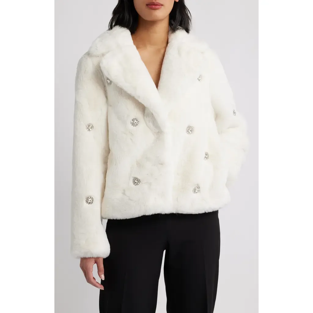Rhinestone Button Faux Fur Jacket by CeCe