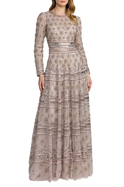 Embellished Mesh Sheer Long Sleeve a Line Gown by Mac Duggal