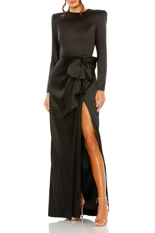 Long Sleeve Satin Structured Bow Draped Column Gown