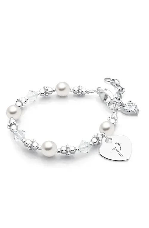 Sterling Silver Crystals & Pearls & Engraved Initial 5.25" Bracelet by Tiny Blessings