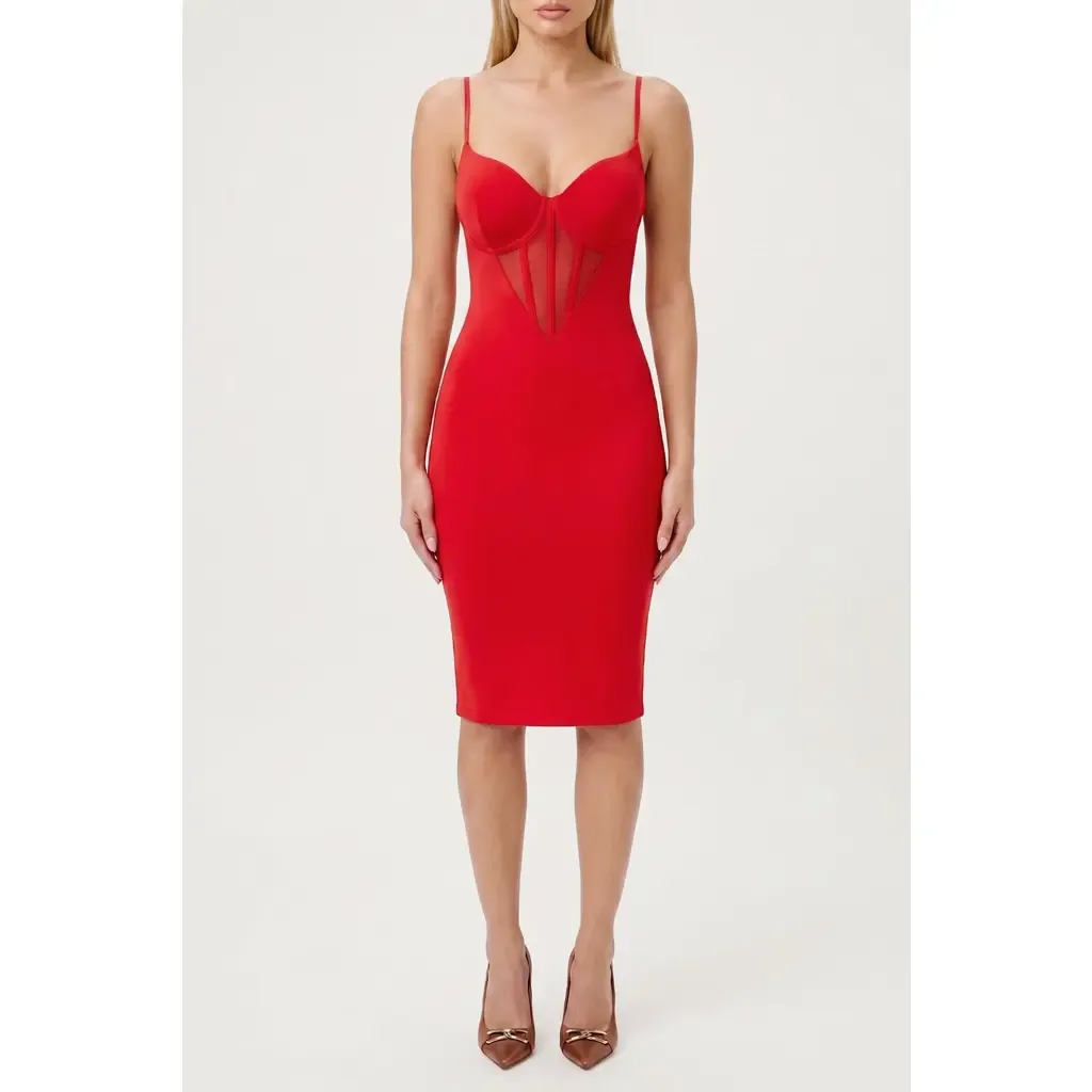 Shapewear Mesh Corset Panel Built-In Sculpting Midi Dress by Popilush