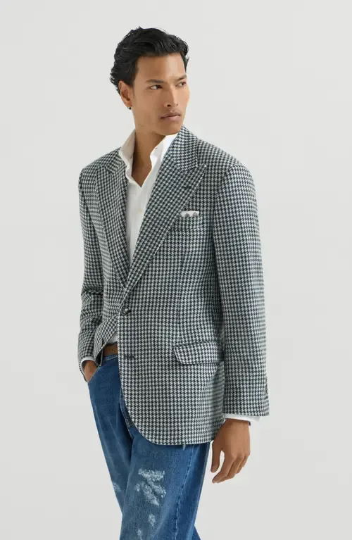 Cashmere Macro Houndstooth Tailor Blazer with Peak Lapels and Metal Buttons by Brunello Cucinelli