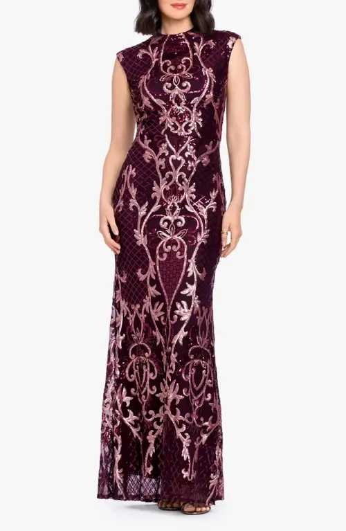 Sequin Mock Neck Sleeveless Mermaid Gown by Betsy & Adam