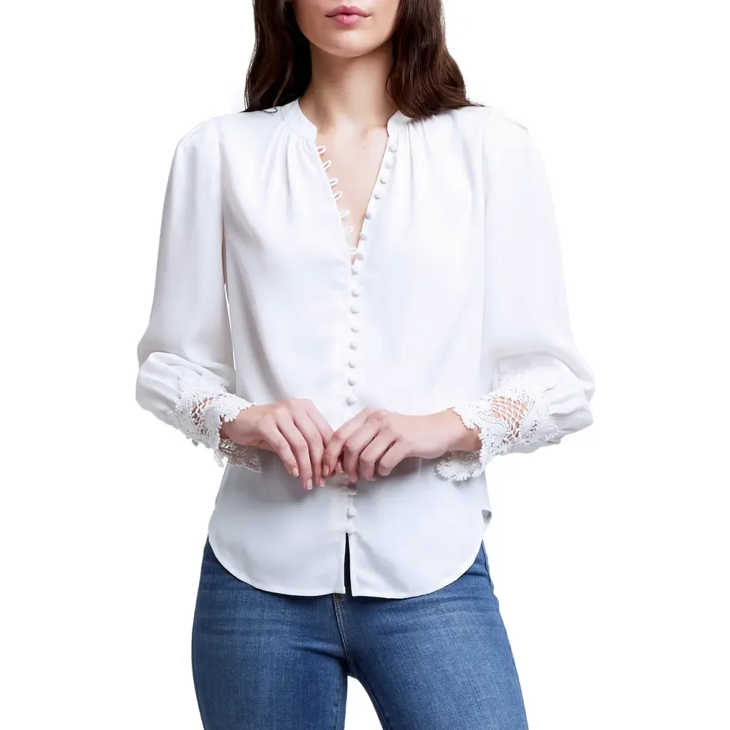 Ava Lace Cuff Button-Up Blouse in Ivory by L'AGENCE