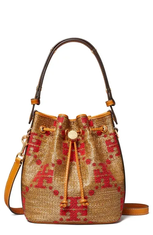 T Monogram Straw Bucket Bag by Tory Burch