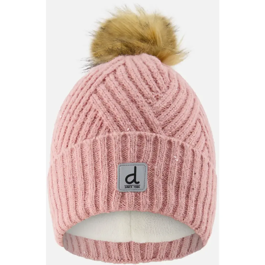 Chevron Fleece Lined Faux Fur Pompom Winter Knit Hat by Deux par Deux