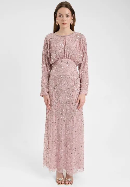 Modest Embellished Sequin Beaded Dress Maxi with Long Flowey Sleeves by MARYISA