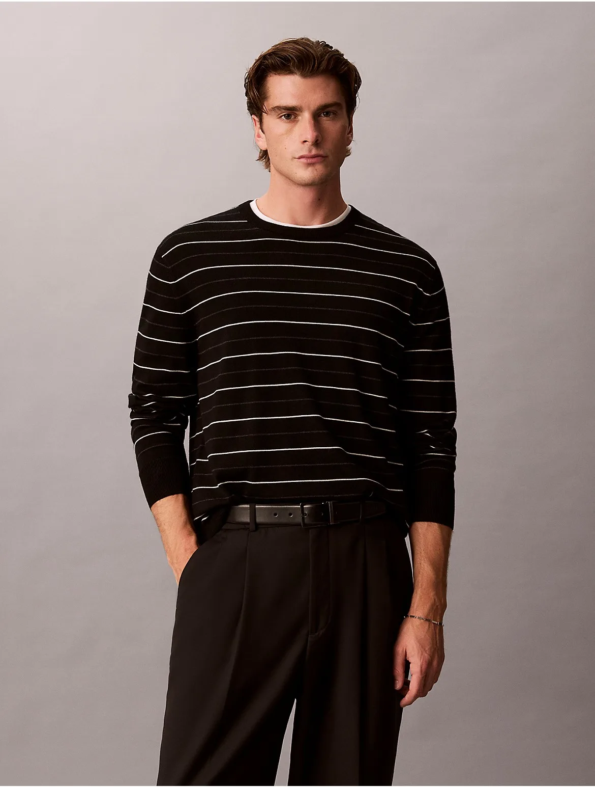 Merino Stripe Crewneck Sweater by Calvin Klein