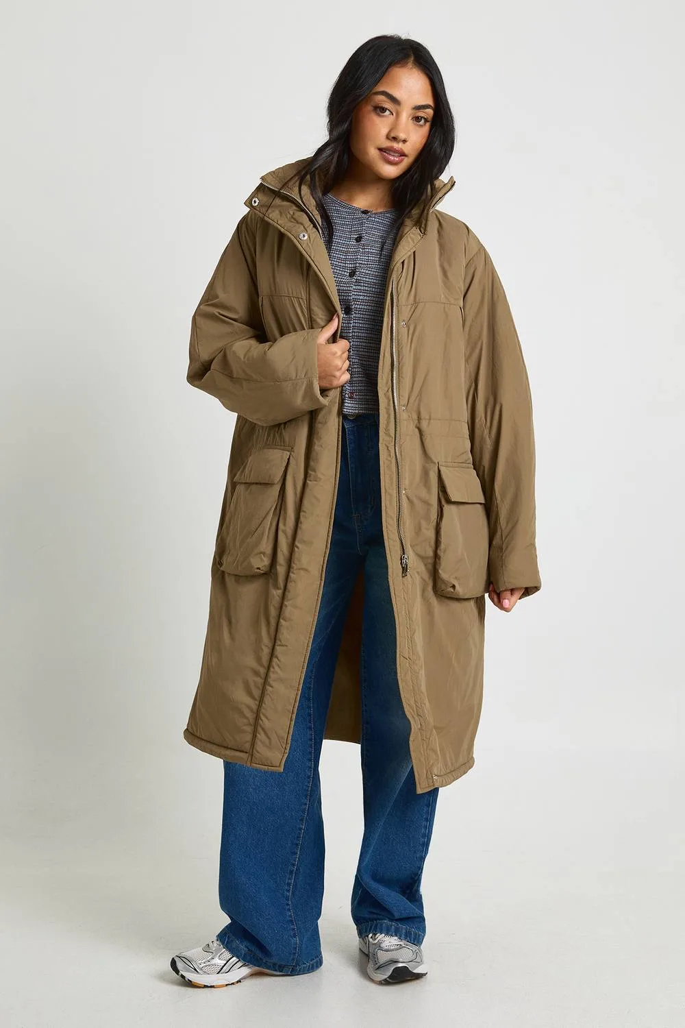 Cinched Waist Longline Parka Plastic