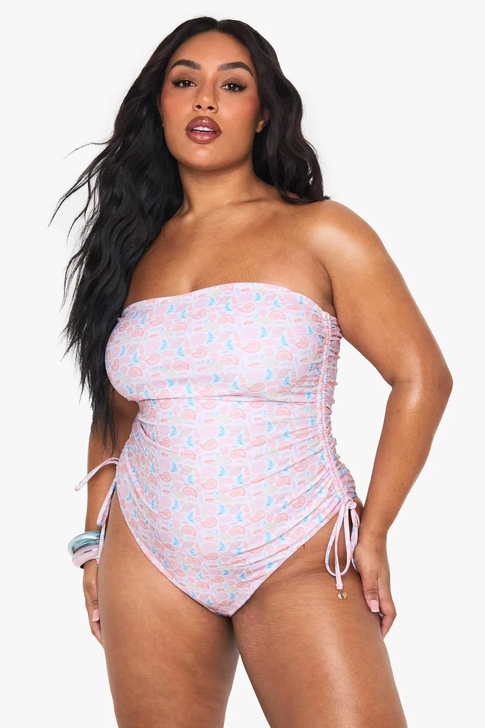 Shell Print Pearl Trim Bandeau Swimsuit by boohoo