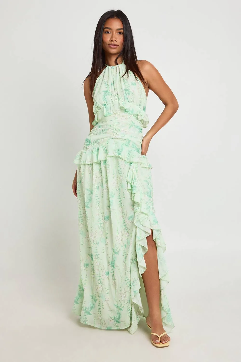 Floral Halterneck Chiffon Ruffle Detail Maxi Dress